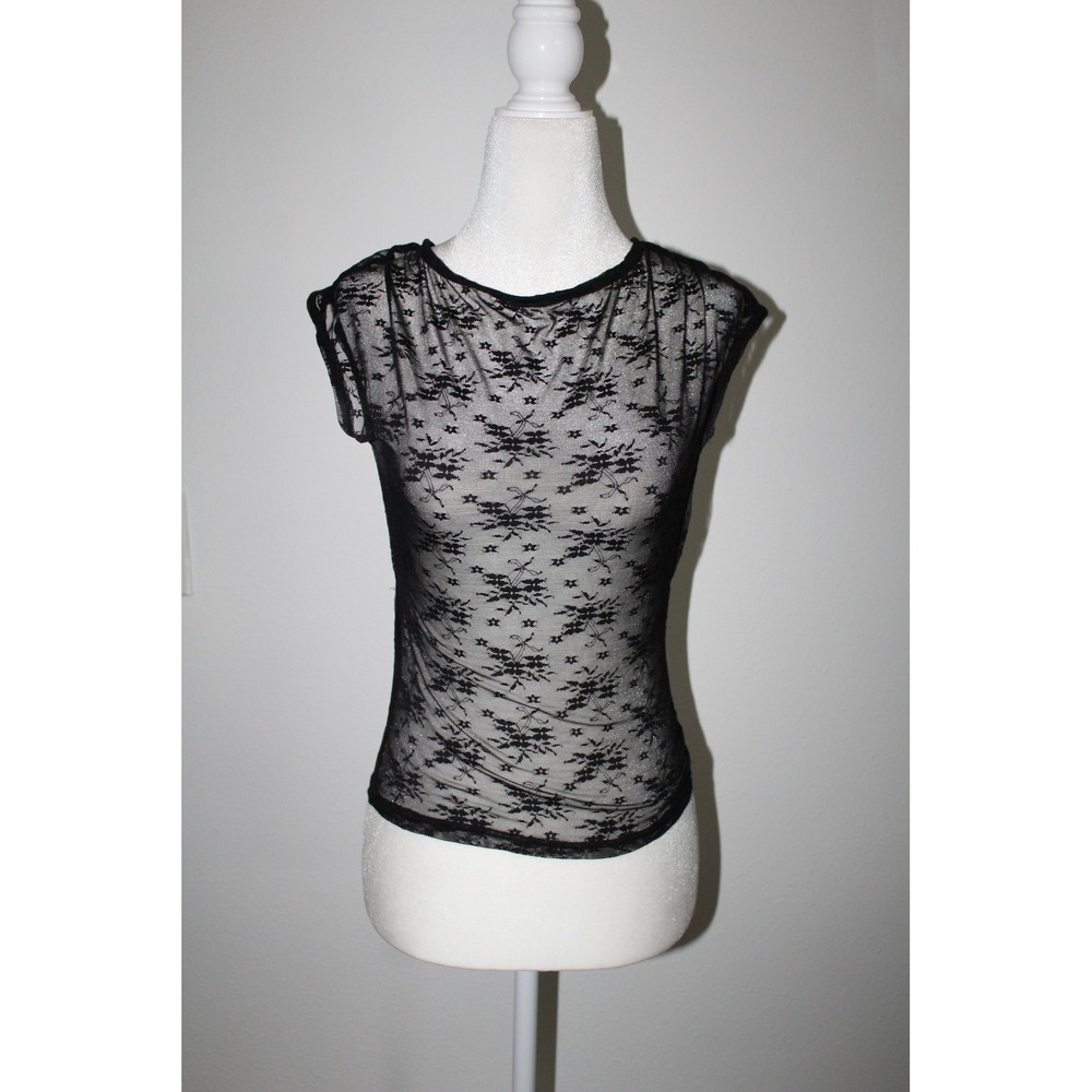 Lioness Womens Black Floral Lace Backless Tie Neck Sheer Top Size M Unlined